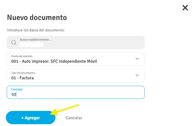 Ventana de “Nuevo documento” en la Oficina Virtual del SAR con todos los campos ya completados —establecimiento, punto de emisión, tipo de documento y cantidad— y el botón “Agregar” listo para confirmar la solicitud del rango.