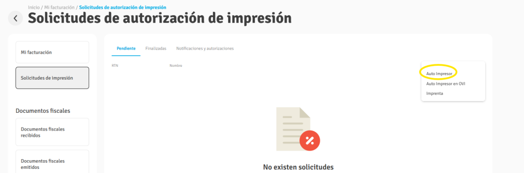 Pantalla de “Solicitudes de autorización de impresión” en la Oficina Virtual del SAR, mostrando el menú para elegir la opción “Auto Impresor” y crear una nueva solicitud.