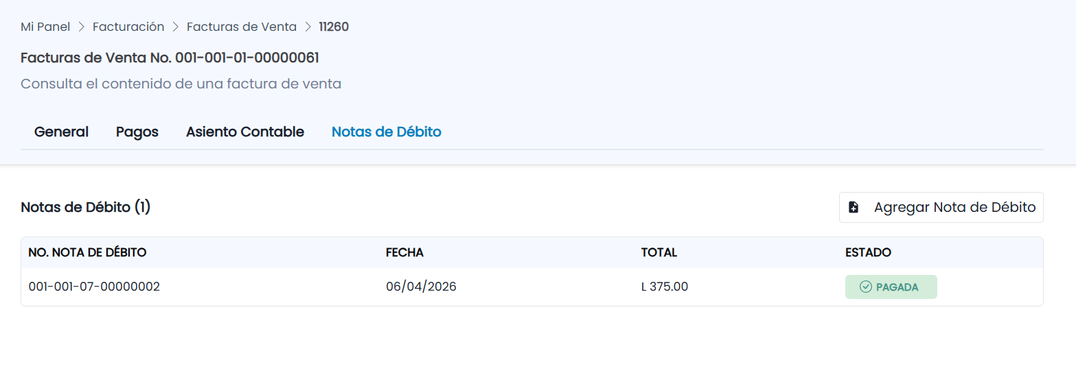 Pasos para agregar una nota de débito una Factura de Venta