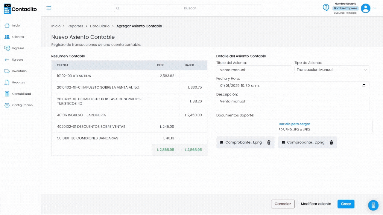 Asiento contable con Ajuste de inventario