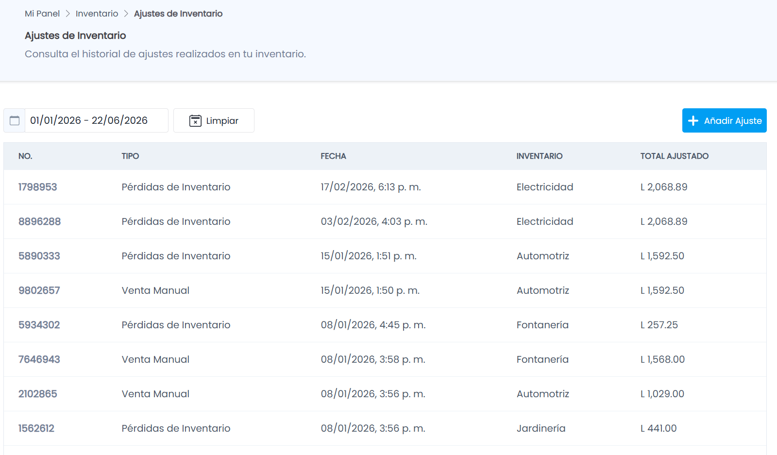 Lista de Ajustes de Inventario
