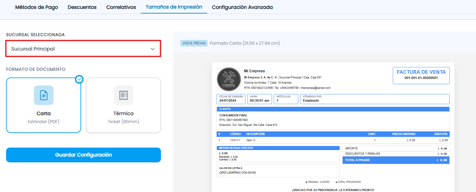 Opciones disponibles