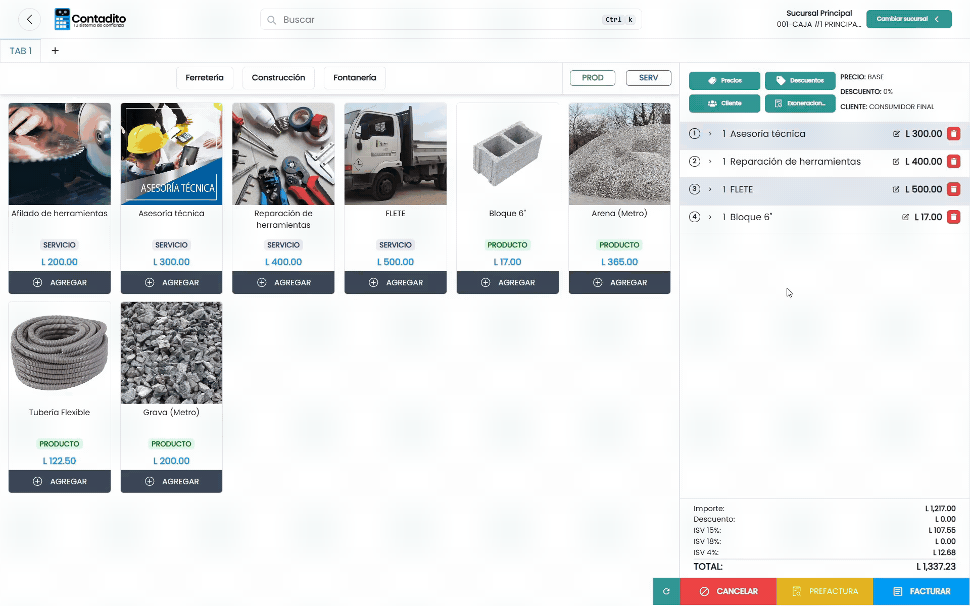 Opciones y Carrito de Venta