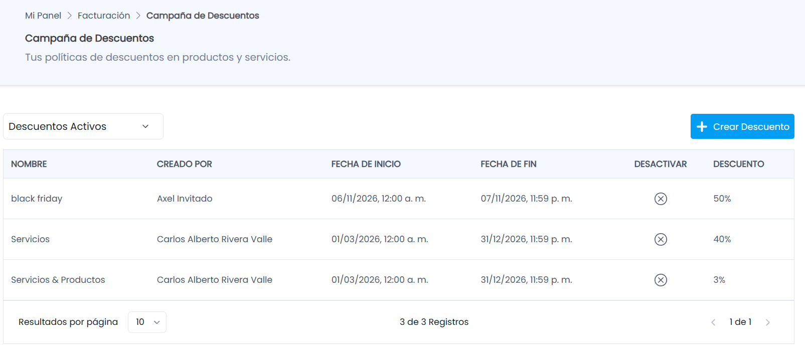Listado de Descuentos
