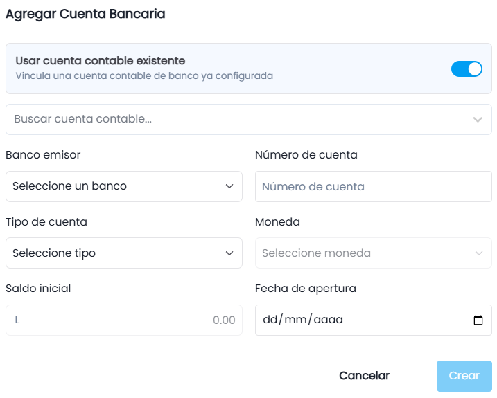 Flujo B: Vincular con cuenta contable existente (Switch Activo)