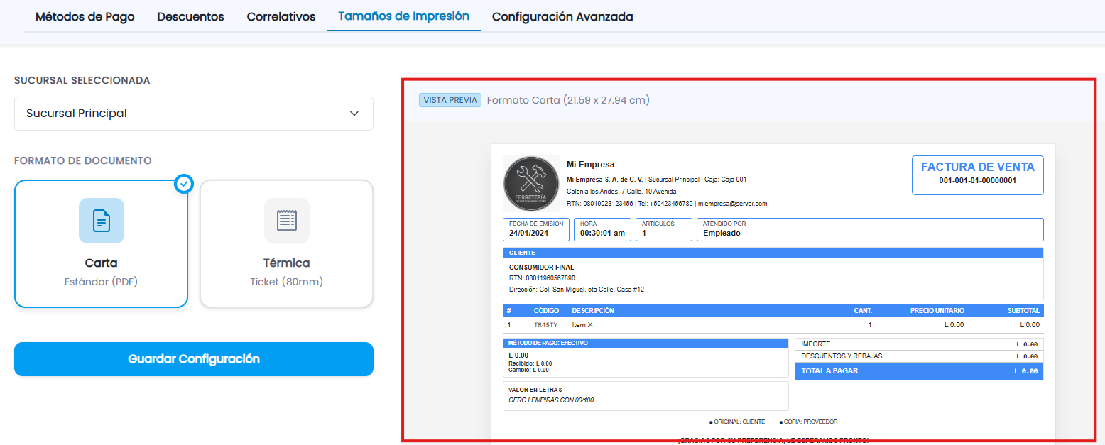 Opciones disponibles