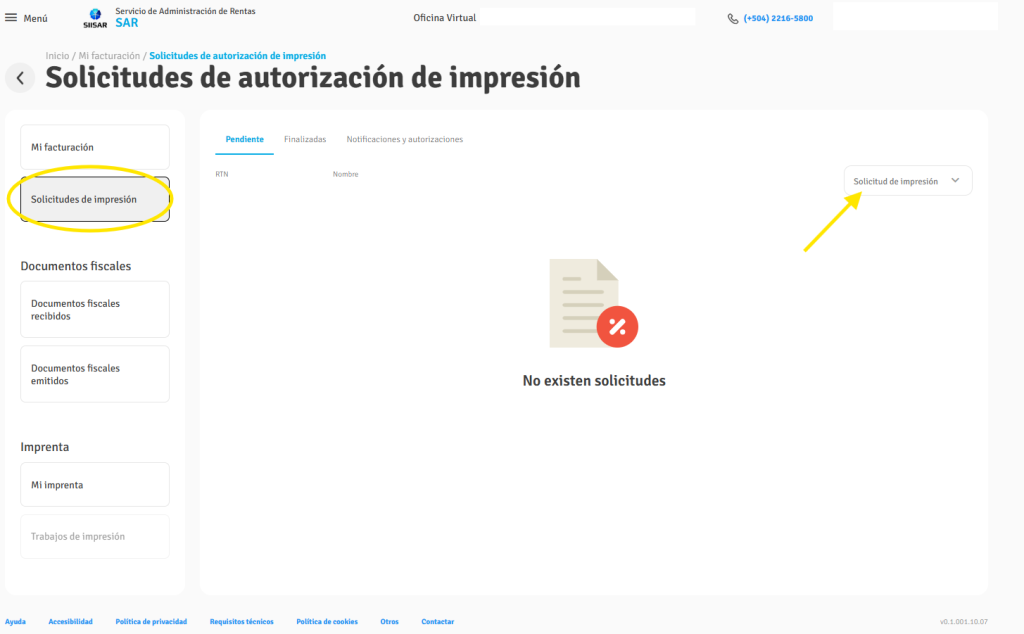 Pantalla de la Oficina Virtual del SAR mostrando la sección “Solicitudes de Impresión”, donde debes seleccionar el botón “Solicitud e impresión” para iniciar la solicitud del rango.