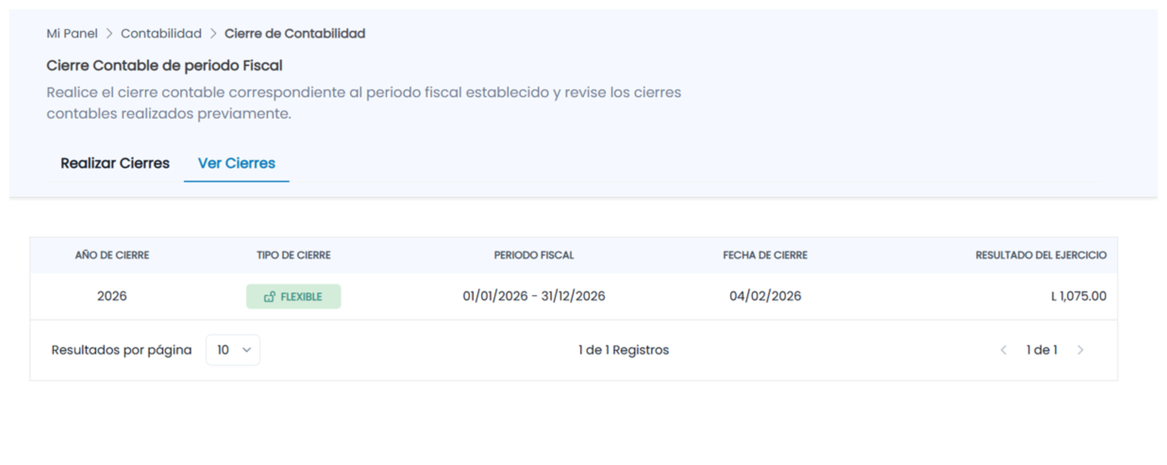 Consultar cierres contables de un año fiscal