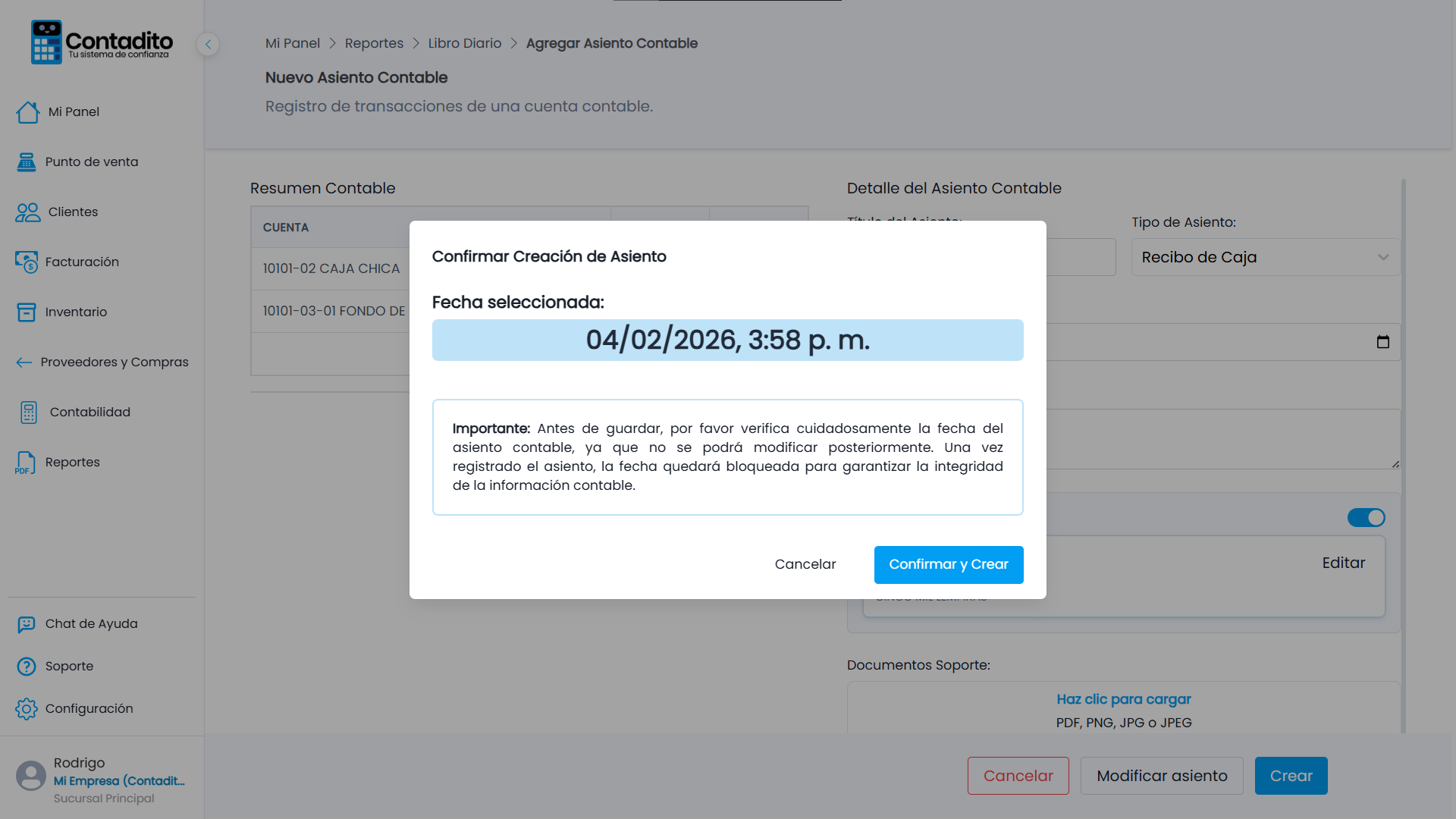 Confirmación de creación del asiento contable