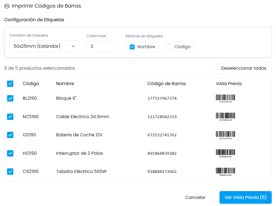 Impresión de etiquetas con código de barras