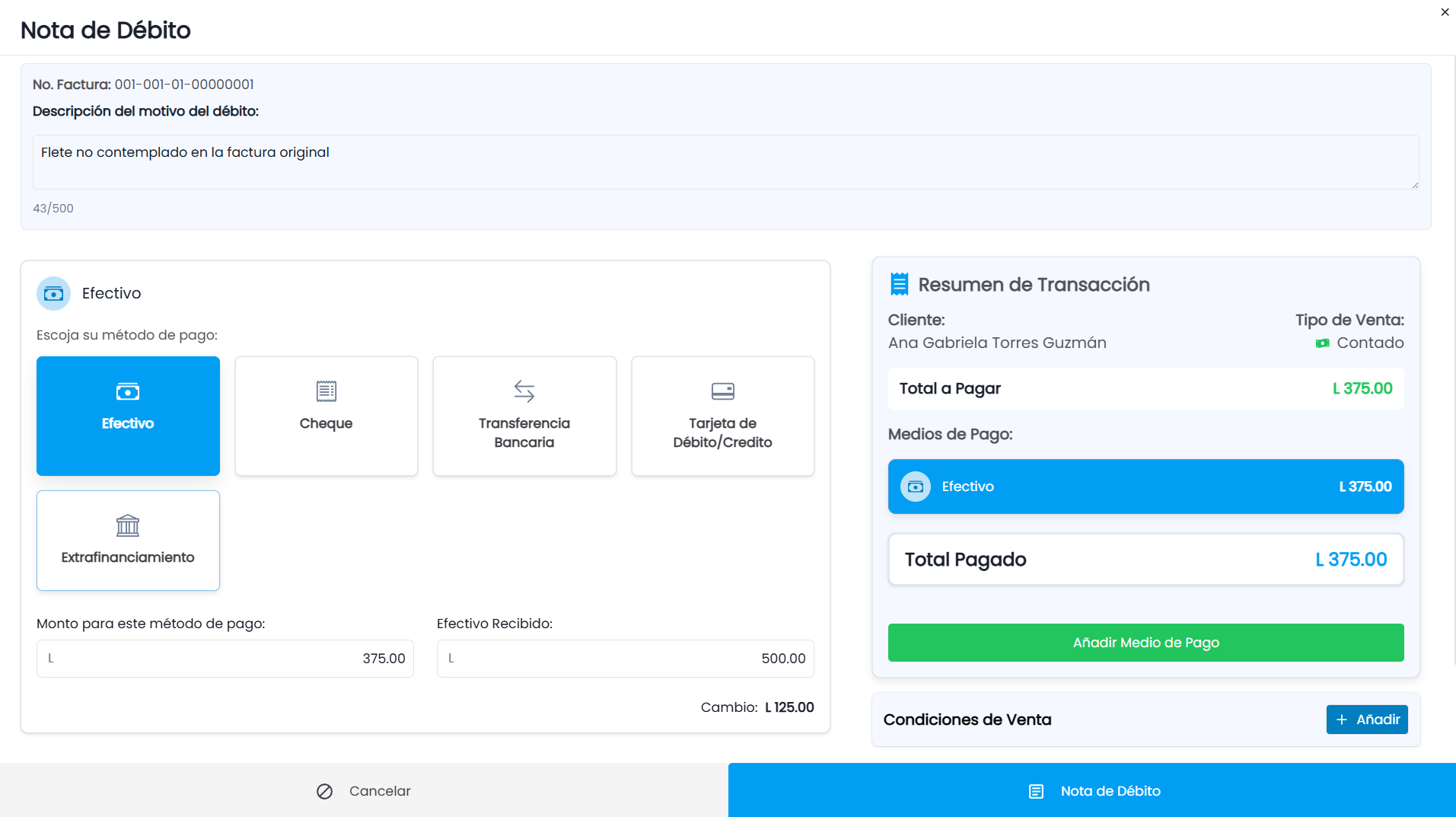 Pasos para agregar una nota de débito una Factura de Venta