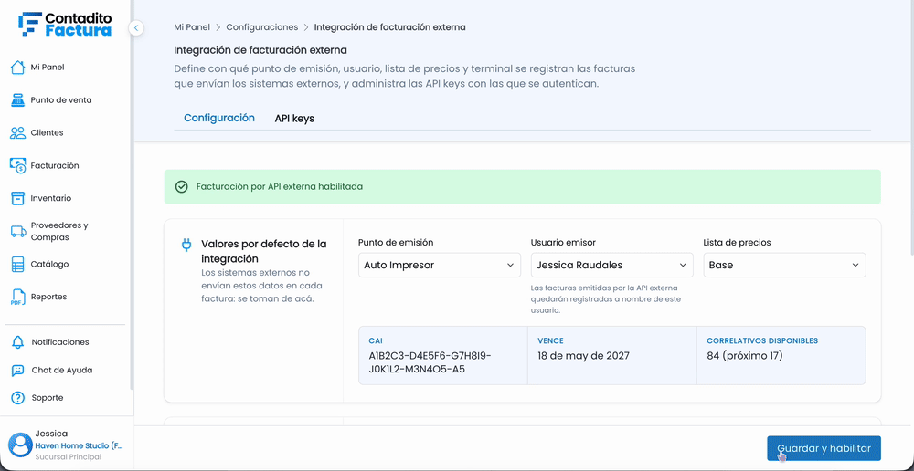 Pantalla de integración de facturación externa en Contadito
