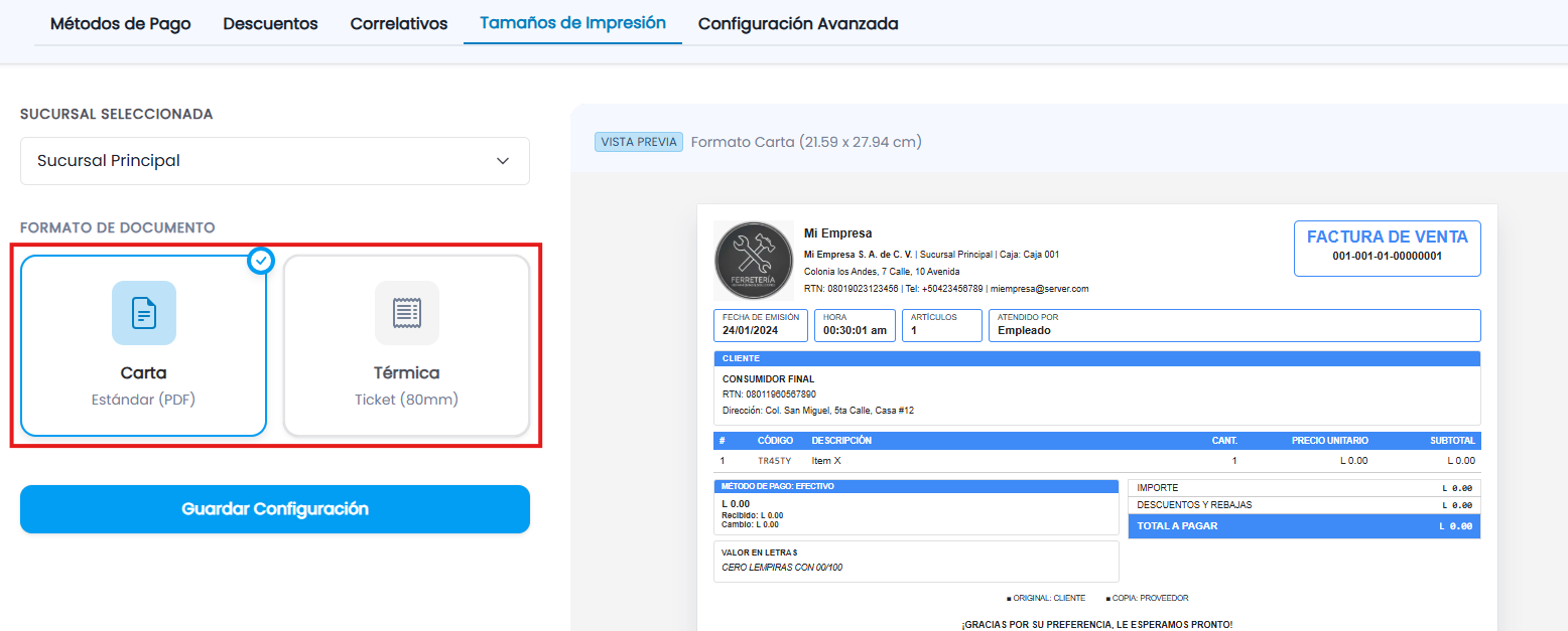 Opciones disponibles