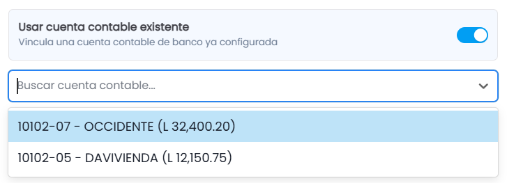 Flujo B: Vincular con cuenta contable existente (Switch Activo)