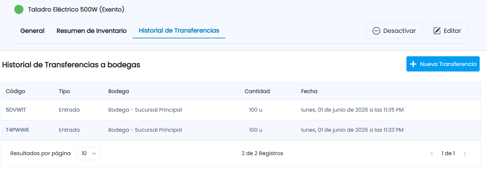 Pestaña: Historial de Transferencias