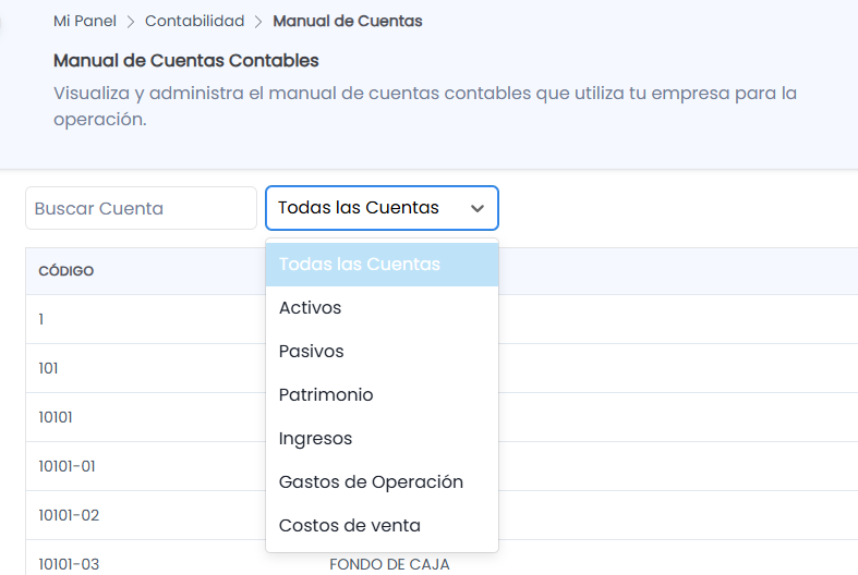 Navegación en el Listado de Cuentas Contables