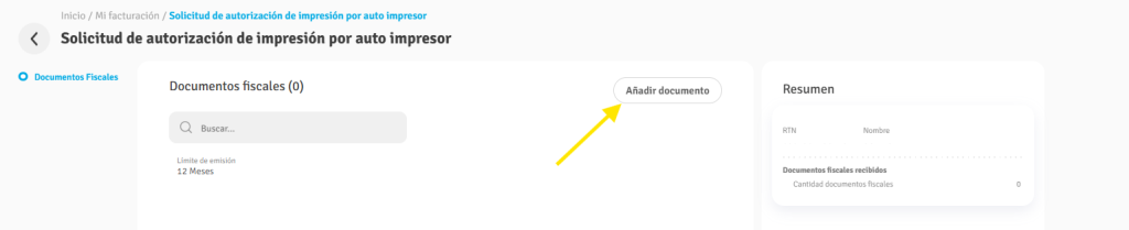 Pantalla de la solicitud de autorización de impresión por autoimpresor en la Oficina Virtual del SAR, mostrando el botón “Añadir documento” para comenzar a ingresar los datos del rango.