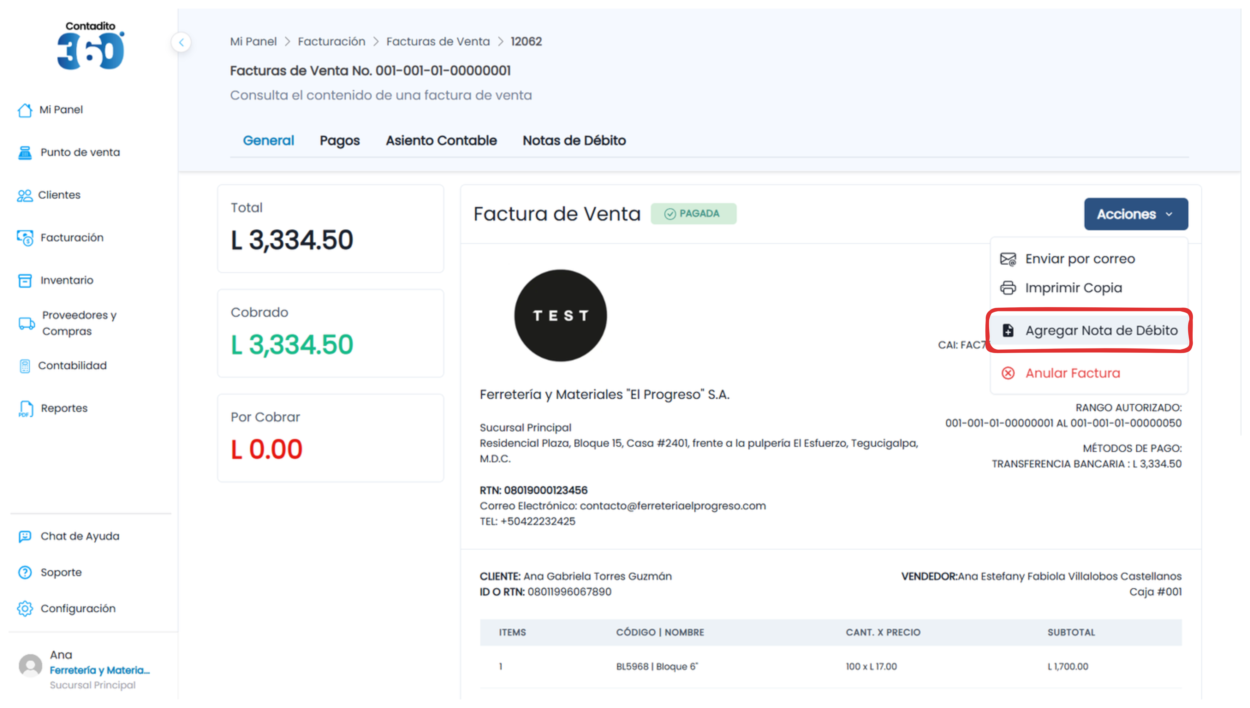Pasos para agregar una nota de débito una Factura de Venta