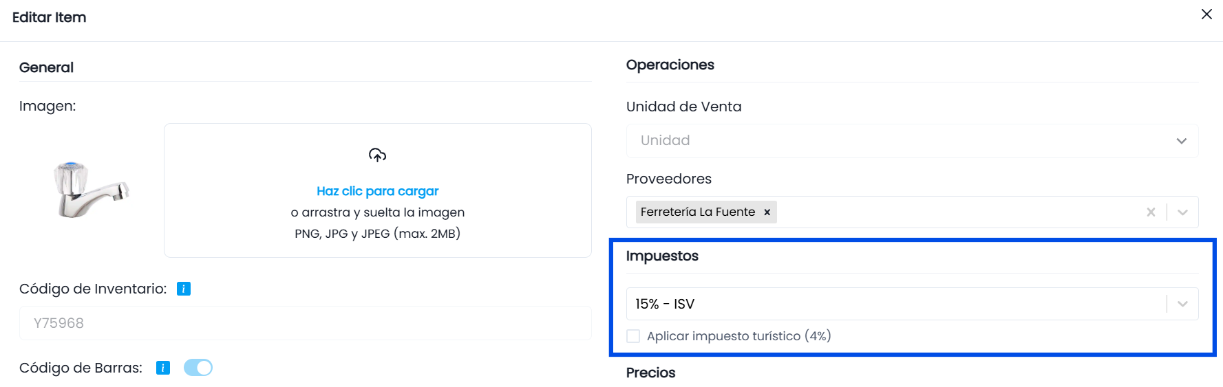 Modificar el ISV al editar el Item