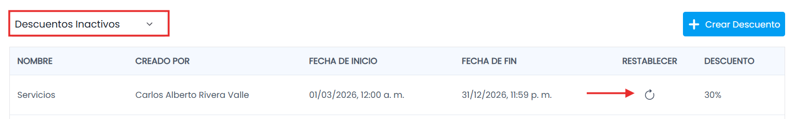 Restablecer Campaña de Descuento