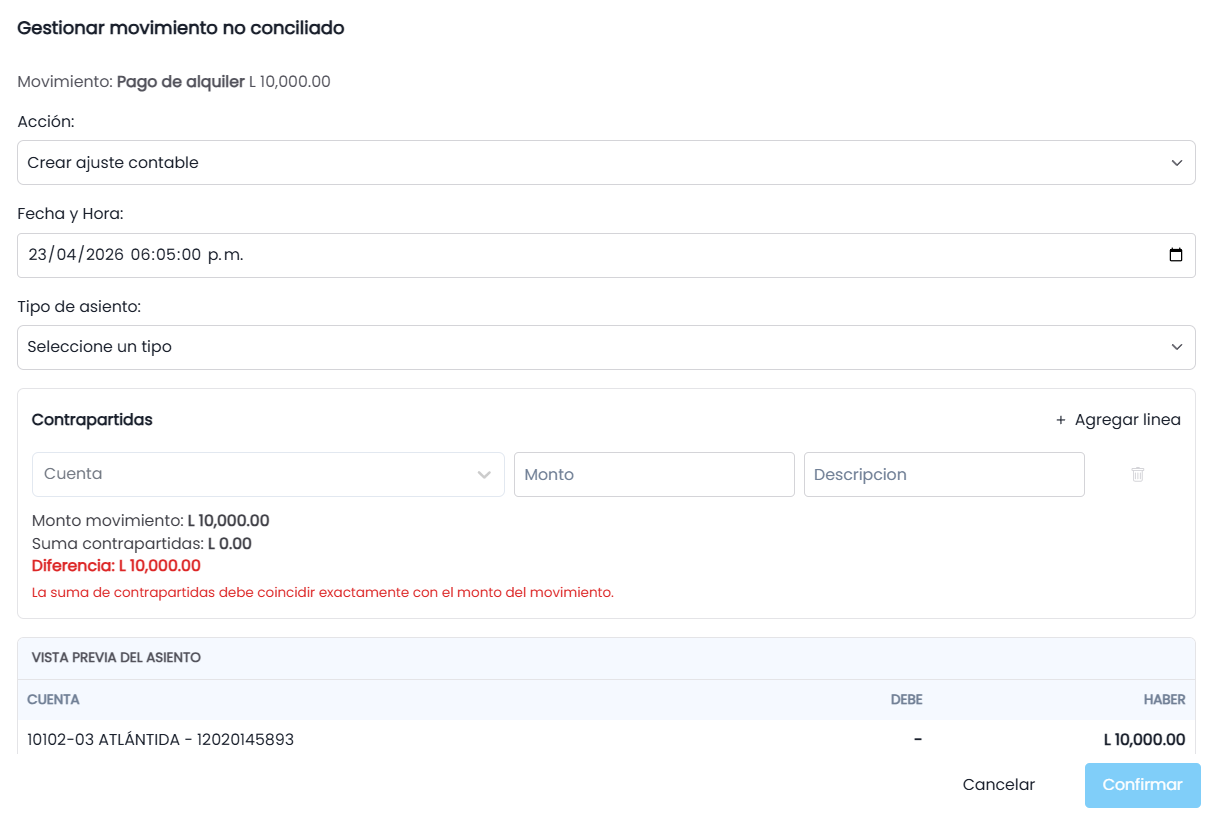 6. Acciones Manuales sobre Movimientos Bancarios (Panel de Banco)