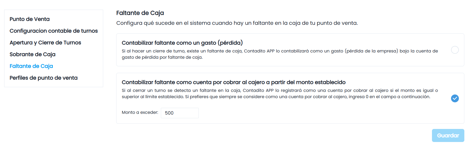 2. Contabilizar faltante como cuenta por cobrar al cajero a partir del monto establecido