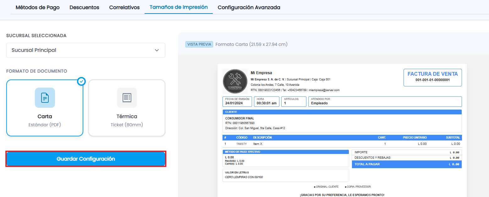 Opciones disponibles